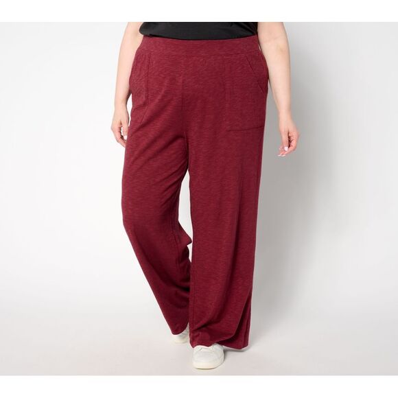 Denim & Co. Women's Petite Pants P2XS Slub Jersey Full Length Wide Red A658654 - Picture 1 of 4